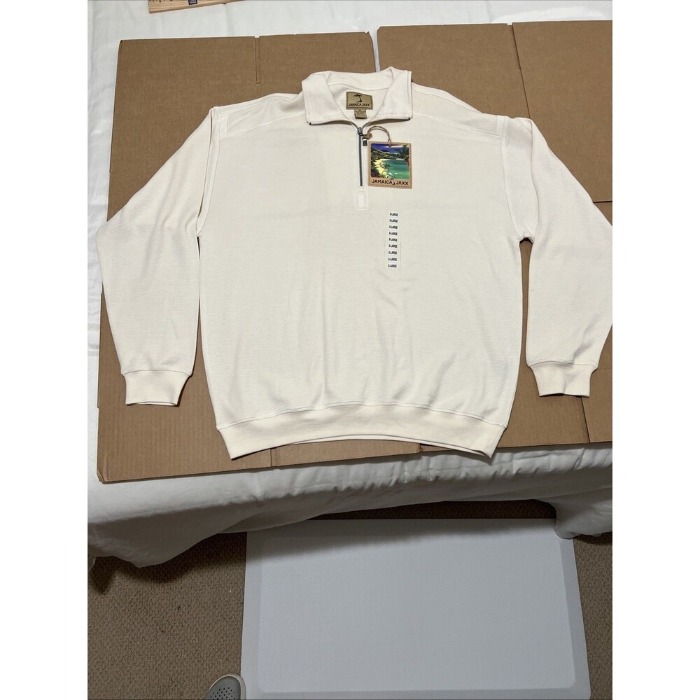 NWT Jamaica Jaxx SILK Blend Cream Sweater Sweatshirt 1/4 Zip Ribbed Knit XL